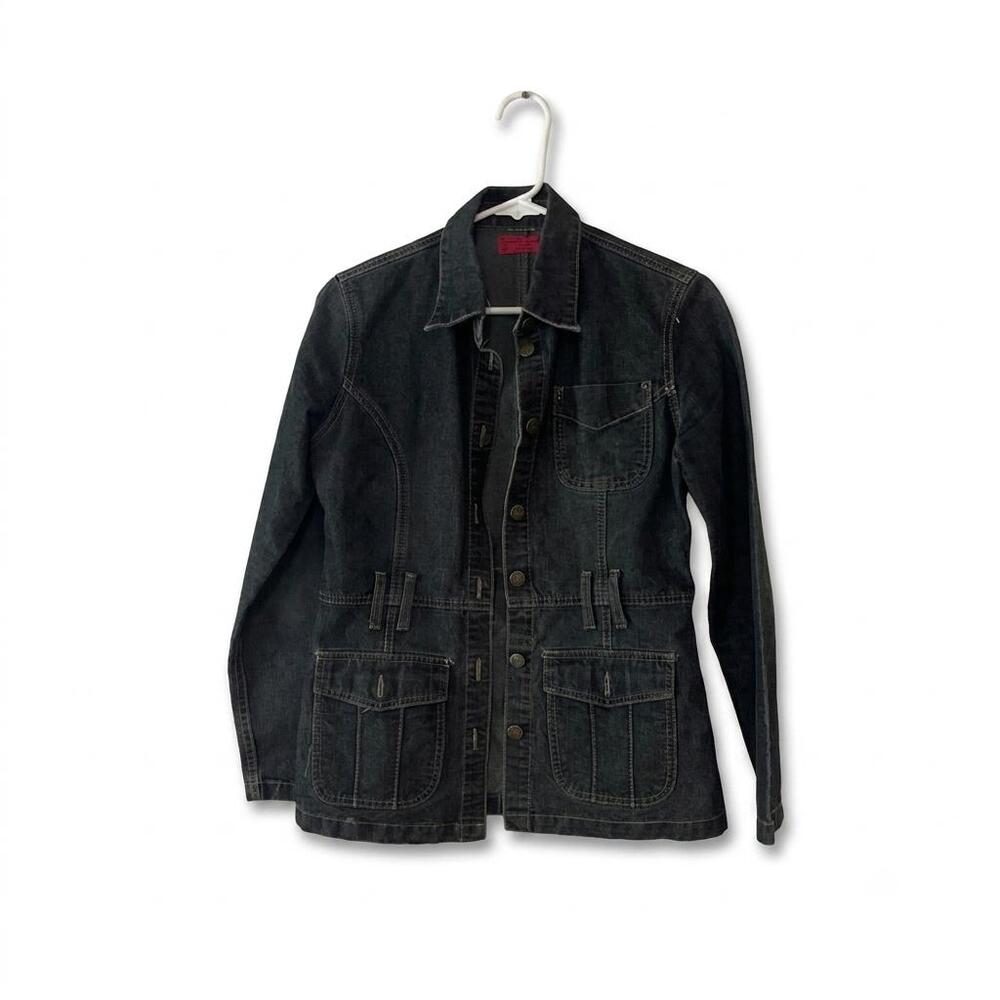 Vintage Dark Wash Denim Utility Jacket Womens Button